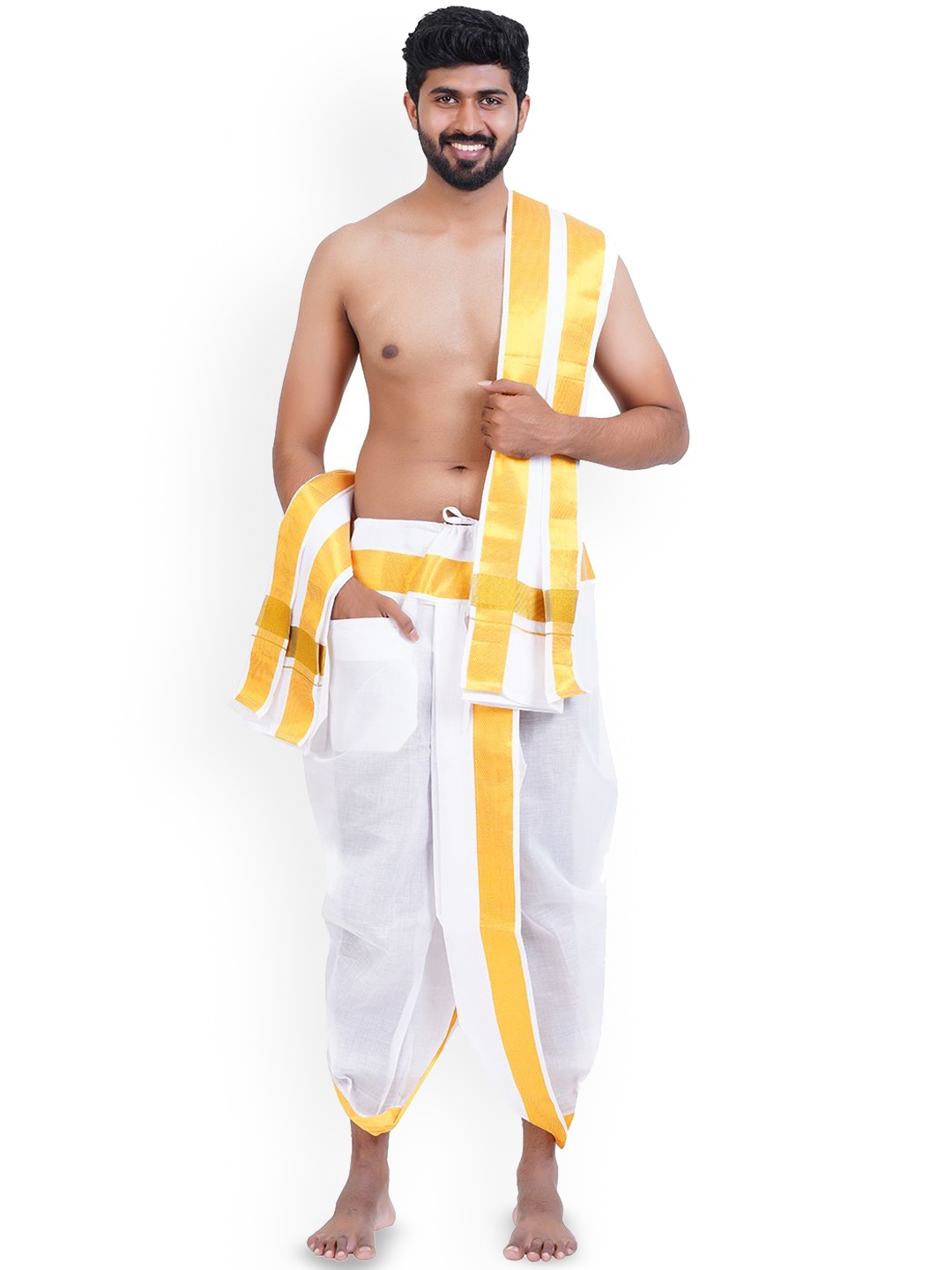 Ethazh Mens Cotton Jarigai Border Design Solid White Panchakacham with Angavasthiram, Gold
Ethazh Mens Cotton Jarigai Border Design Solid White Panchakacham with Angavasthiram, Gold