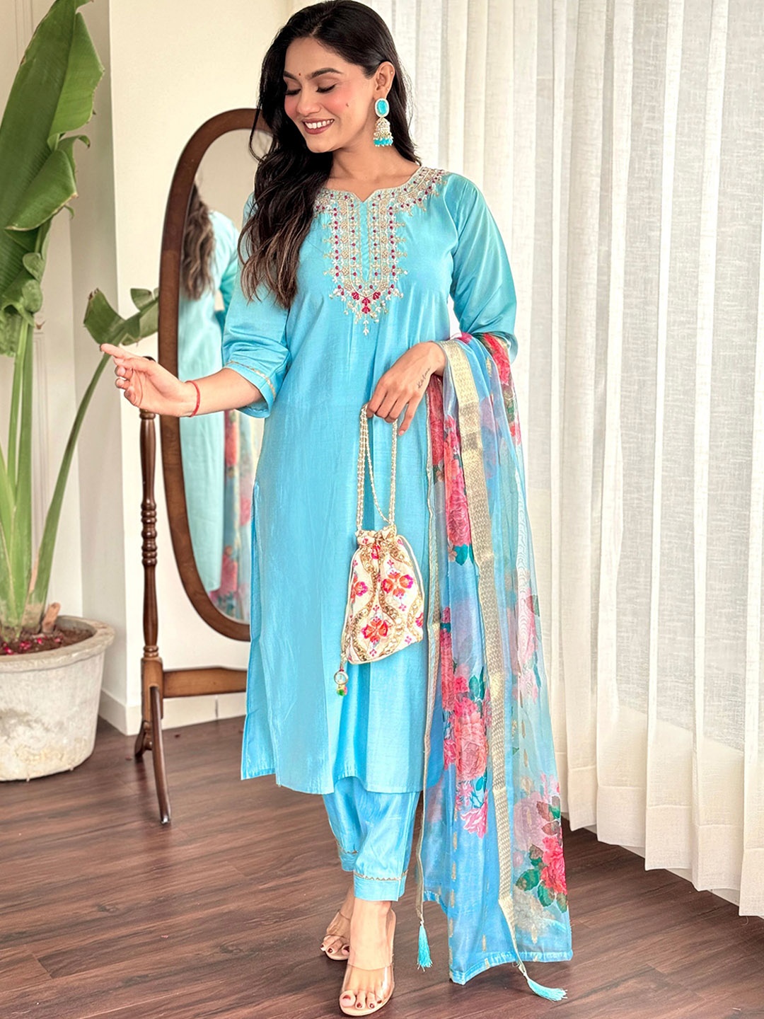 KALINI Women Embroidered Regular Chanderi Silk Kurta with Trousers & With Dupatta, Blue
KALINI Women Embroidered Regular Chanderi Silk Kurta with Trousers & With Dupatta, Blue