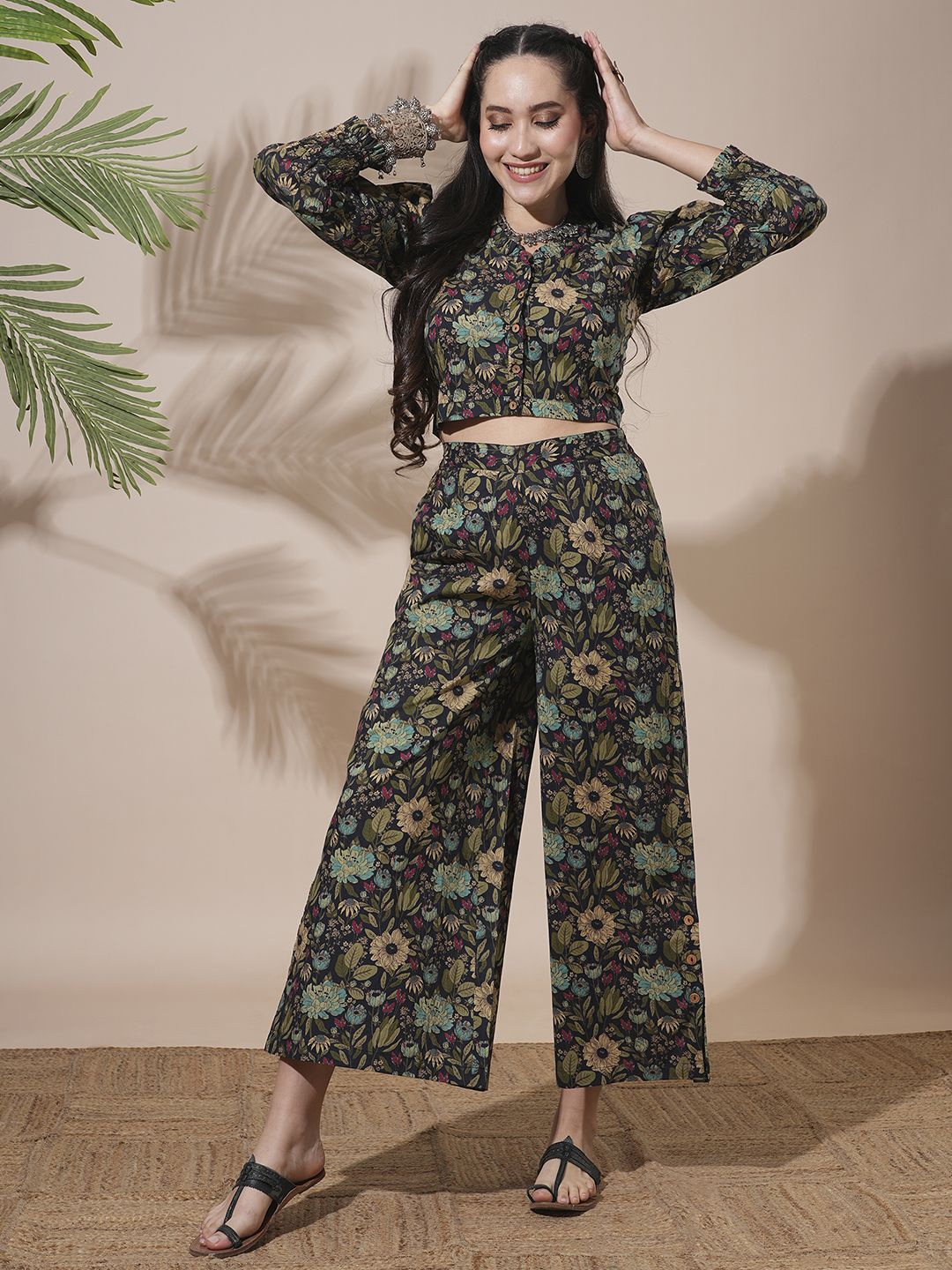 Globus Frilled V-Neck Floral Print Shirt Style Crop Top With Palazzos Fusion Co-Ord Set, Black
Globus Frilled V-Neck Floral Print Shirt Style Crop Top With Palazzos Fusion Co-Ord Set, Black