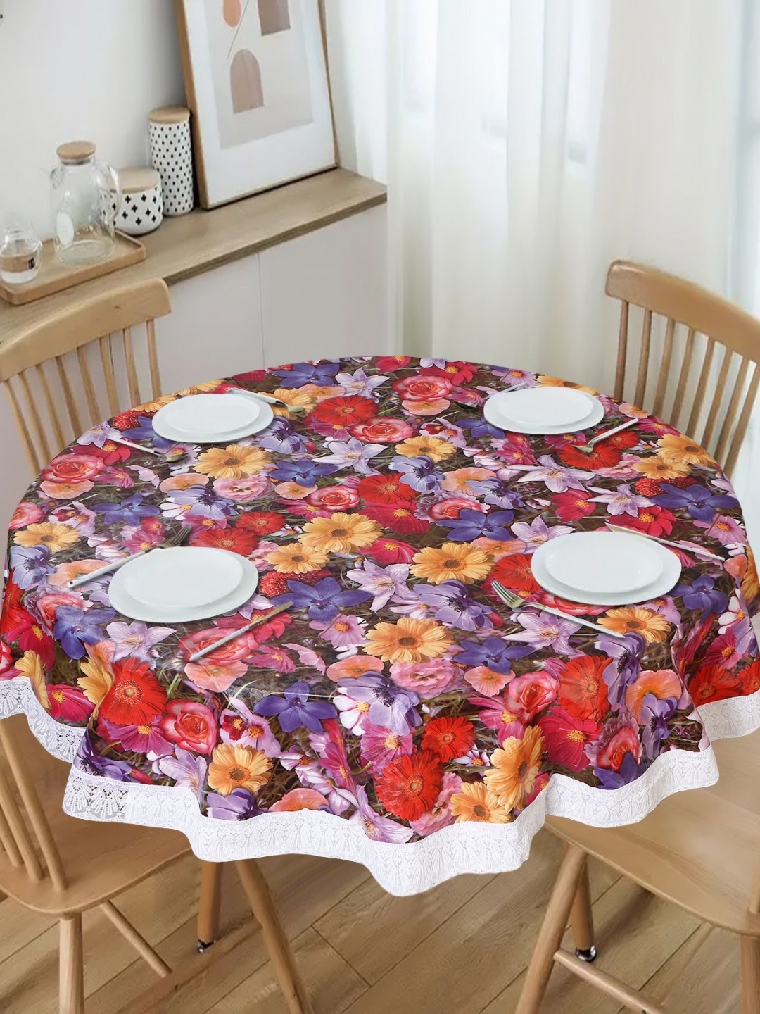 Dakshya Industries Red Floral Waterproof Plastic Round 6-Seater Table Cover with Patchwork details
Dakshya Industries Red Floral Waterproof Plastic Round 6-Seater Table Cover with Patchwork details