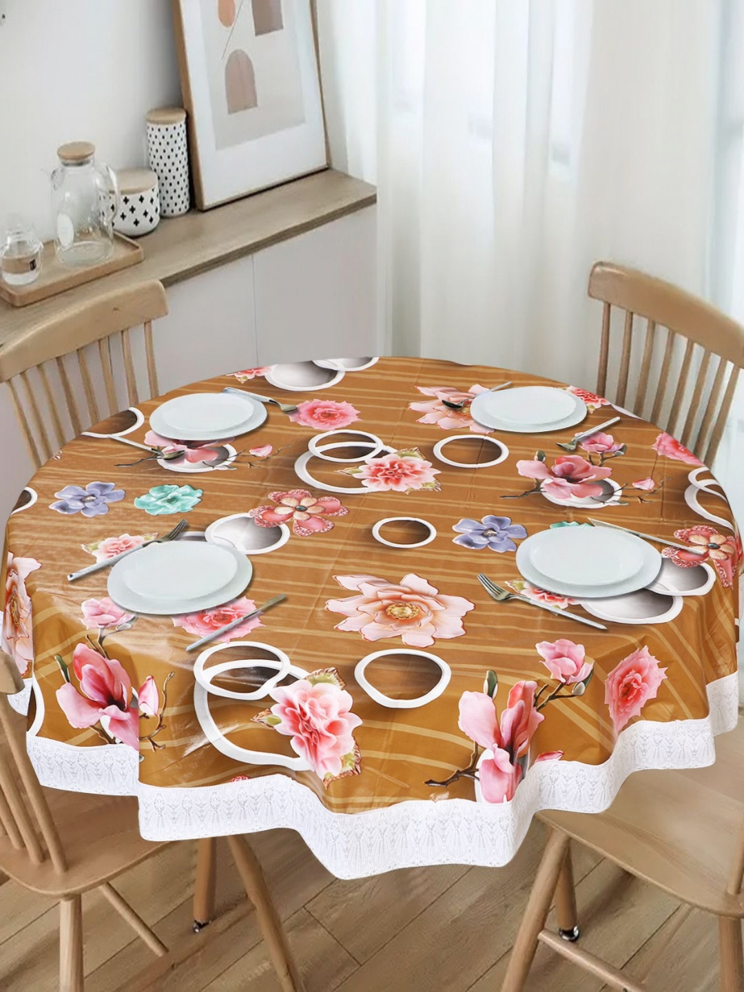 Dakshya Industries Beige Geometric Printed Waterproof Plastic Round 6-Seater Table Cover
Dakshya Industries Beige Geometric Printed Waterproof Plastic Round 6-Seater Table Cover