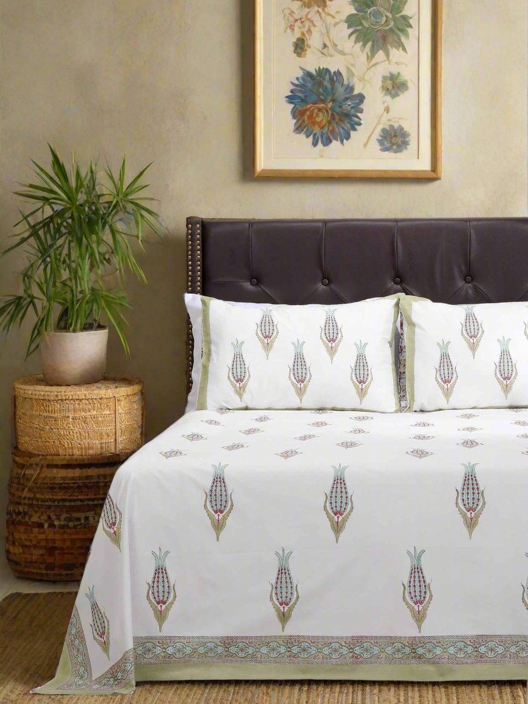 SHAHENAZ Green & White Floral Cotton 220 TC Double Queen Bedsheet with 2 Pillow Covers
SHAHENAZ Green & White Floral Cotton 220 TC Double Queen Bedsheet with 2 Pillow Covers