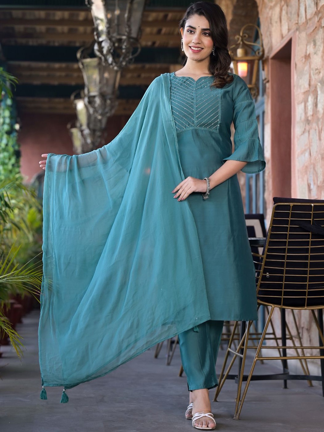 Readiprint Women Embroidered Regular Sequinned Pure Silk Kurta with Trousers & With Dupatta, Teal
Readiprint Women Embroidered Regular Sequinned Pure Silk Kurta with Trousers & With Dupatta, Teal