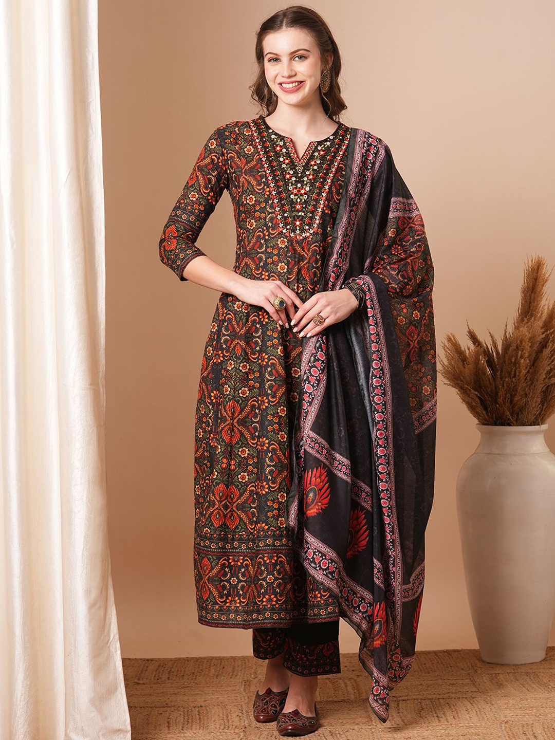 FASHOR Women Floral Printed Pleated Mirror Work Pure Cotton Kurta with Trousers & With Dupatta, Brown
FASHOR Women Floral Printed Pleated Mirror Work Pure Cotton Kurta with Trousers & With Dupatta, Brown