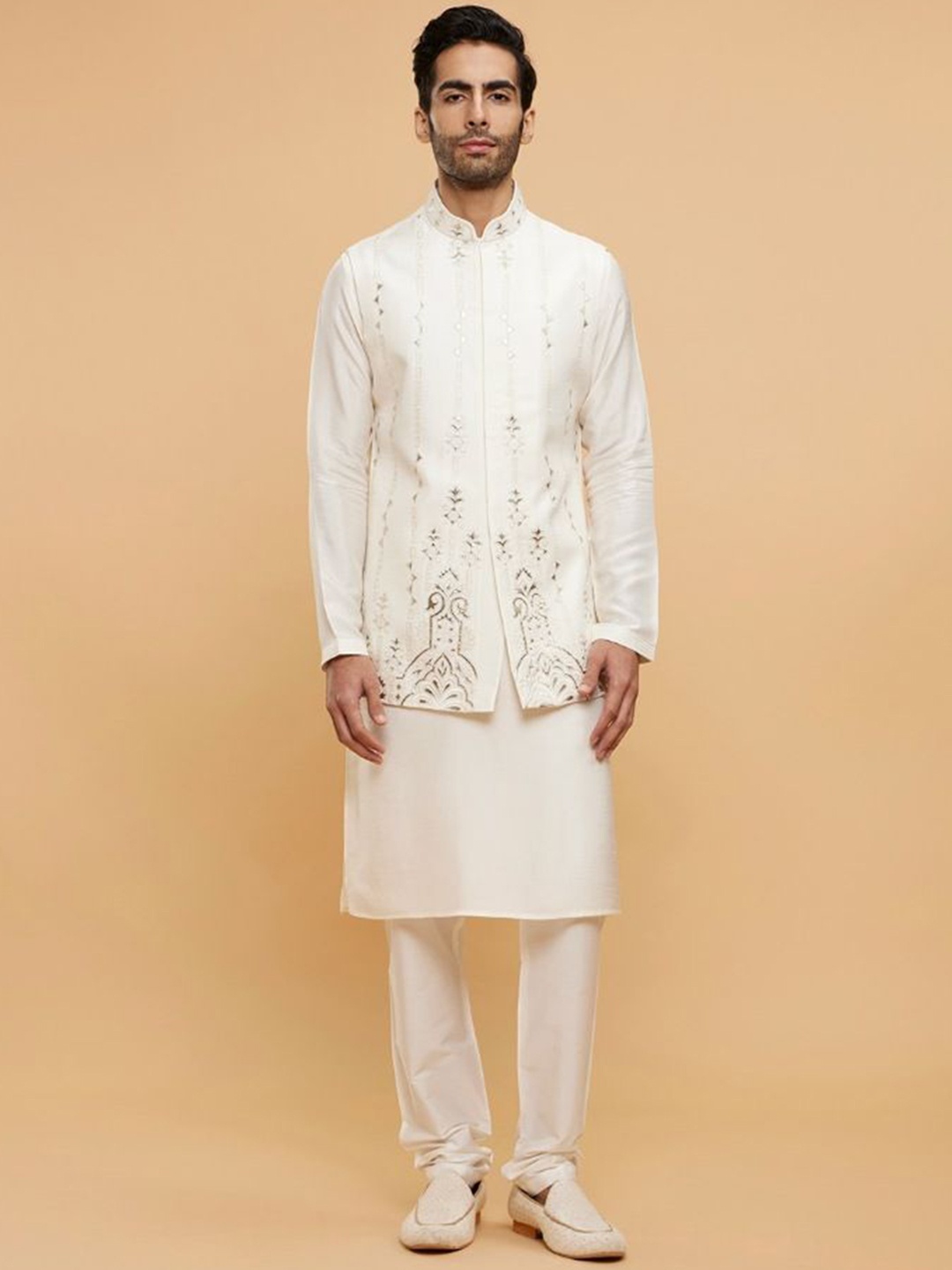 Twamev Mandarin Collar Long Sleeves Regular Straight Kurta With Churidar With Nehru Jacket, Cream
Twamev Mandarin Collar Long Sleeves Regular Straight Kurta With Churidar With Nehru Jacket, Cream