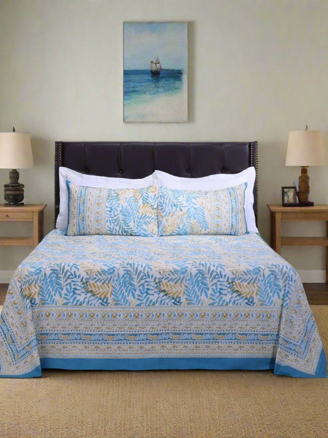SHAHENAZ Turquoise Blue & White Floral Cotton 120 TC Queen Bedsheet Set-2.7 m X 2.25 m
SHAHENAZ Turquoise Blue & White Floral Cotton 120 TC Queen Bedsheet Set-2.7 m X 2.25 m