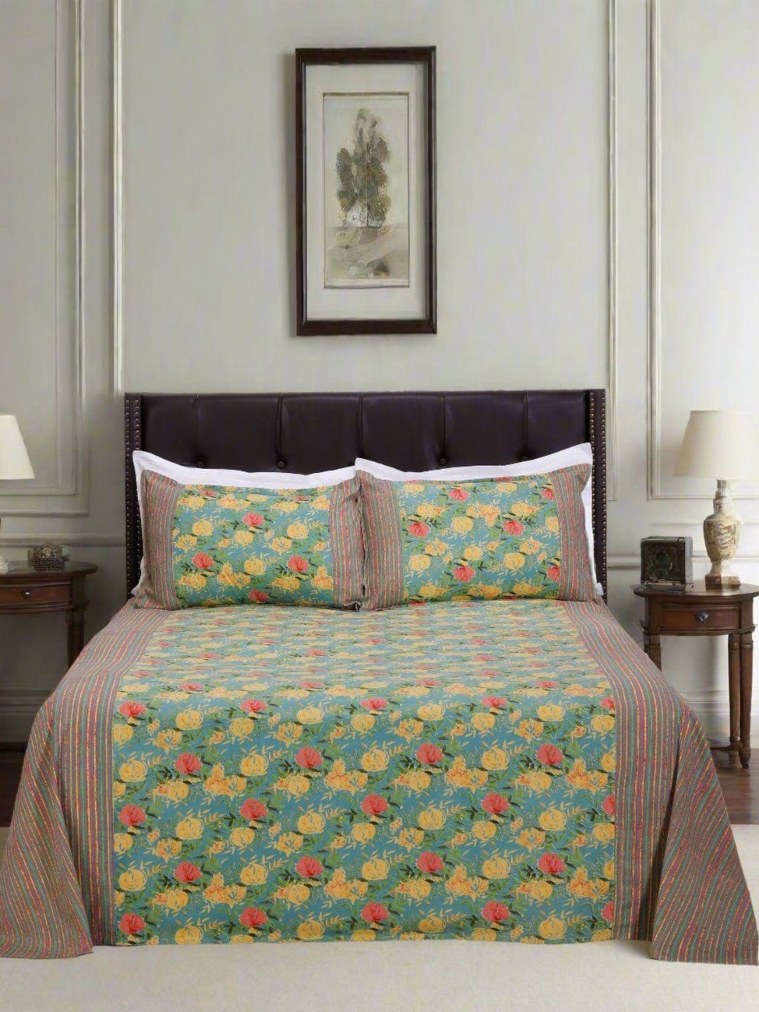 SHAHENAZ Turquoise Blue & Yellow Floral Cotton 120 TC Queen Bedsheet with 2 Pillow Covers
SHAHENAZ Turquoise Blue & Yellow Floral Cotton 120 TC Queen Bedsheet with 2 Pillow Covers