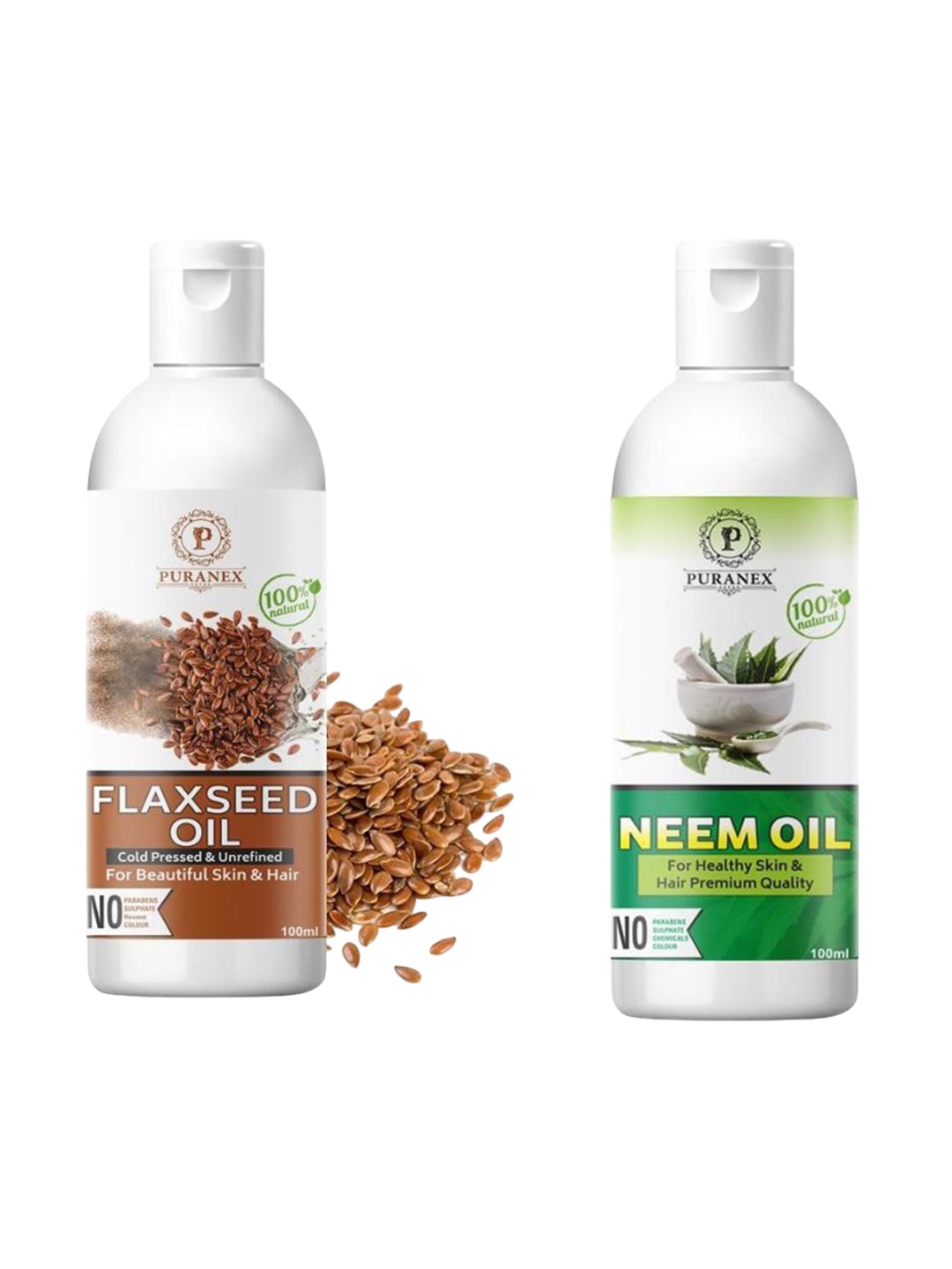 Puranex Set Of 2 100% Pure & Natural Flaxseed & Neem Oils - 100 ml Each, Transparent
Puranex Set Of 2 100% Pure & Natural Flaxseed & Neem Oils - 100 ml Each, Transparent