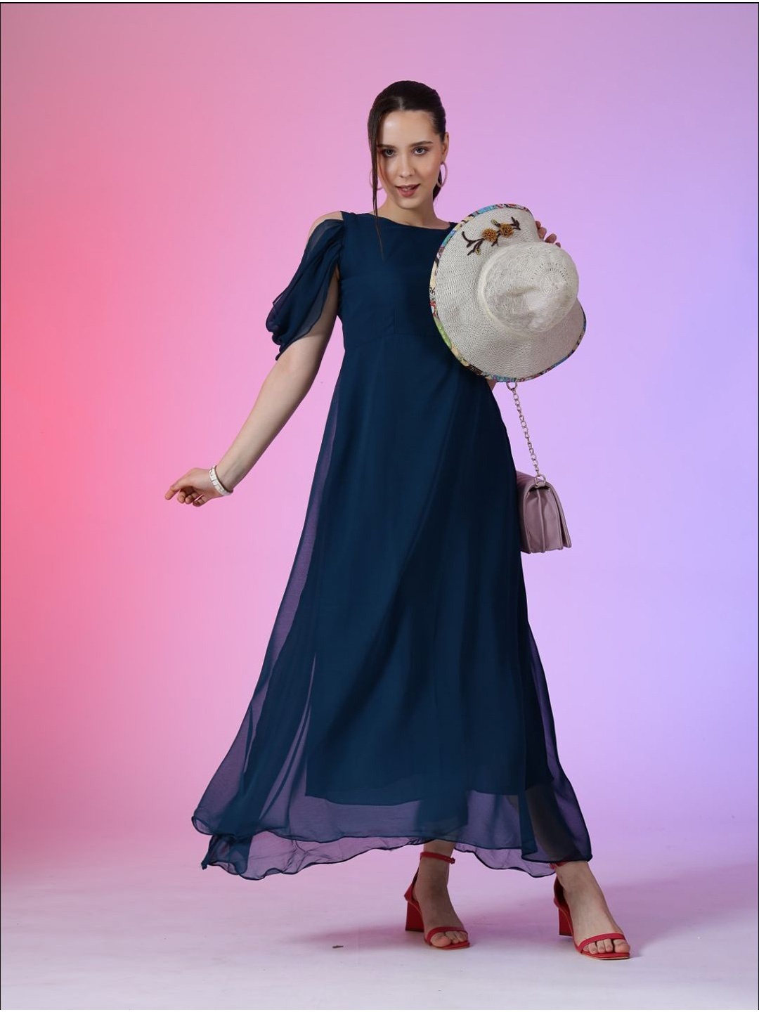 Raiyani Enterprise Georgette Cold-Shoulder Sleeves Fit and Flare Maxi Dress, Blue
Raiyani Enterprise Georgette Cold-Shoulder Sleeves Fit and Flare Maxi Dress, Blue