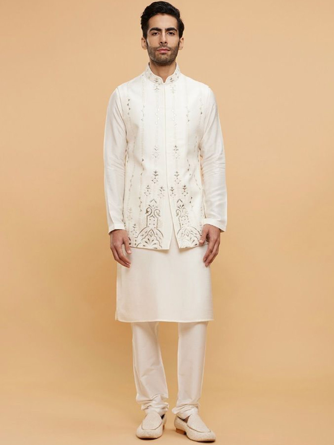 Twamev Mandarin Collar Long Sleeves Regular Straight Kurta With Churidar With Nehru Jacket, Cream
Twamev Mandarin Collar Long Sleeves Regular Straight Kurta With Churidar With Nehru Jacket, Cream