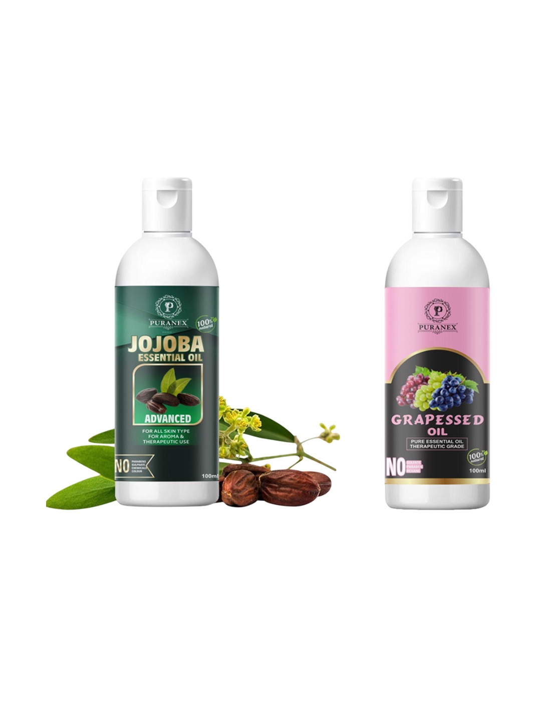 Puranex Set Of 2 Jojoba Oil & Grapeseed Oil For Hair & Skin - 100 ml Each, Transparent
Puranex Set Of 2 Jojoba Oil & Grapeseed Oil For Hair & Skin - 100 ml Each, Transparent