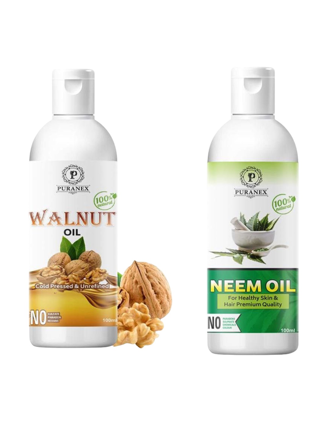 Puranex Set Of 2 100% Pure & Natural Walnut & Neem Oil For Hair & Skin - 100 ml Each, Transparent
Puranex Set Of 2 100% Pure & Natural Walnut & Neem Oil For Hair & Skin - 100 ml Each, Transparent