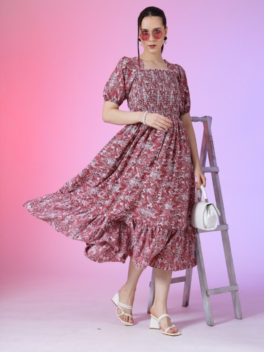 Krunal Raiyani Women Floral Printed Smocked Square Neck Fit & Flare Puff Sleeves Dress, Pink
Krunal Raiyani Women Floral Printed Smocked Square Neck Fit & Flare Puff Sleeves Dress, Pink