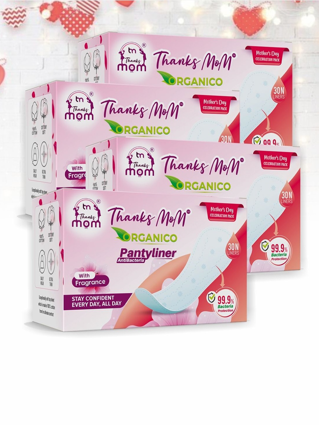 THANKS MOM Set of 4 Organico Antibacterial Leakproof Panty Liners - 30 Pads each, White
THANKS MOM Set of 4 Organico Antibacterial Leakproof Panty Liners - 30 Pads each, White