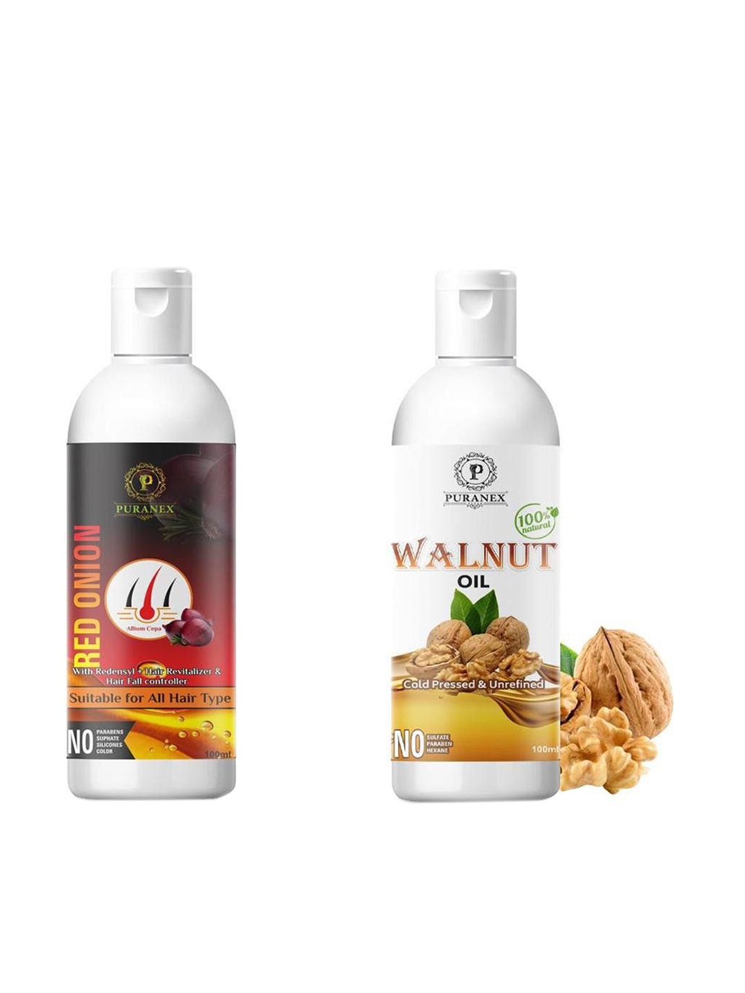 Puranex Set Of 2 100% Pure & Natural Red Onion & Walnut Oil For Hair & Skin - 100 ml Each, Transparent
Puranex Set Of 2 100% Pure & Natural Red Onion & Walnut Oil For Hair & Skin - 100 ml Each, Transparent