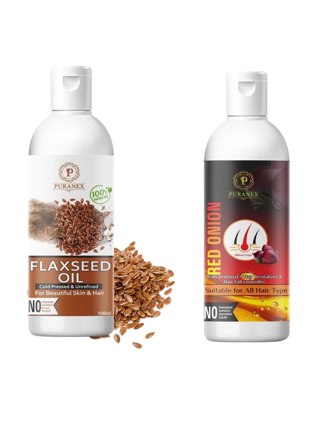 Puranex Set Of 2 Flaxseed Oil & Red Onion Oil For Hair & Skin - 100 ml Each, Transparent
Puranex Set Of 2 Flaxseed Oil & Red Onion Oil For Hair & Skin - 100 ml Each, Transparent