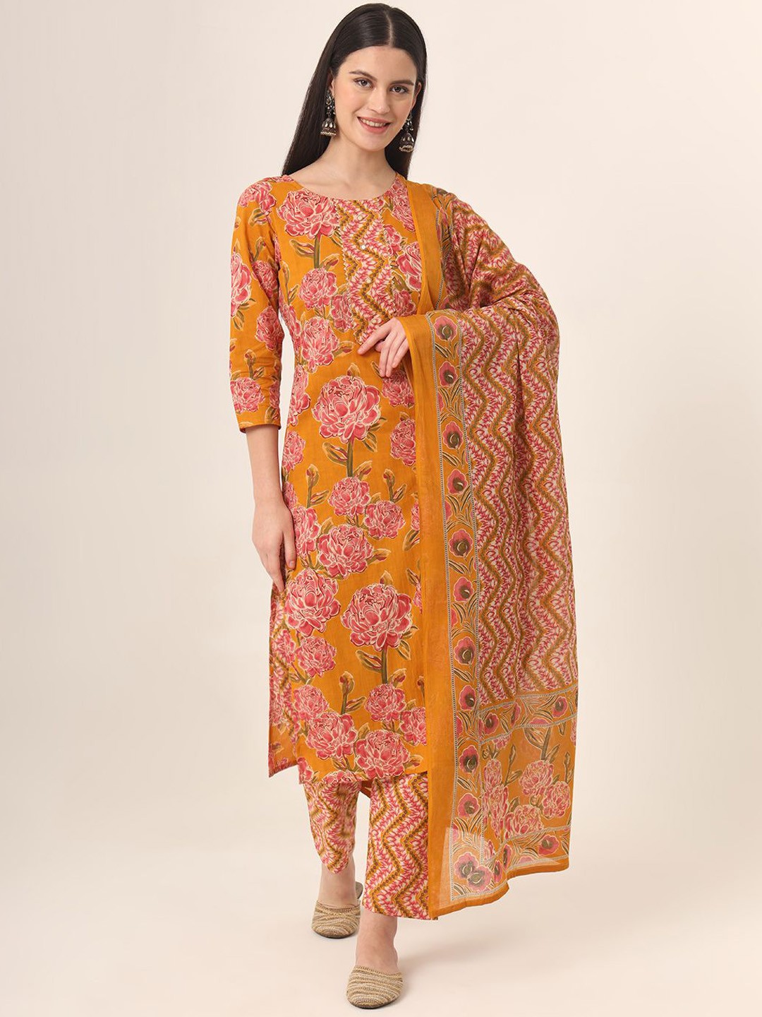 Yufta Women Floral Printed Regular Pure Cotton Kurta with Trousers & With Dupatta, Mustard
Yufta Women Floral Printed Regular Pure Cotton Kurta with Trousers & With Dupatta, Mustard