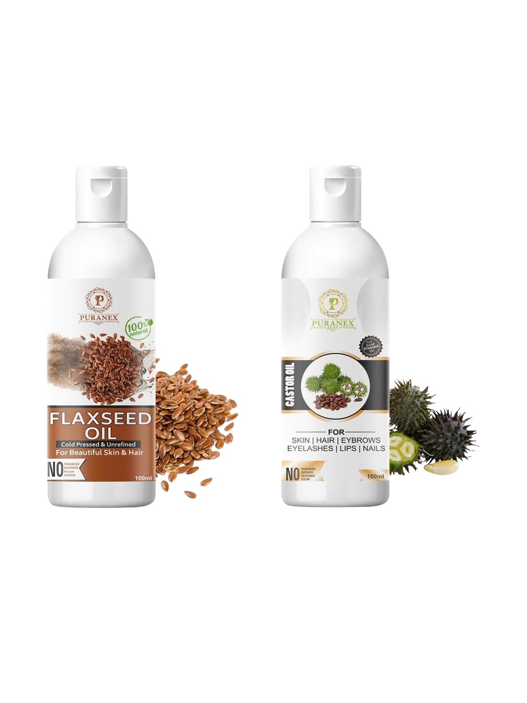 Puranex Set Of 2 100% Cold Pressed Flaxseed & Castor Oil For Skin & Hair - 100 ml Each, Transparent
Puranex Set Of 2 100% Cold Pressed Flaxseed & Castor Oil For Skin & Hair - 100 ml Each, Transparent