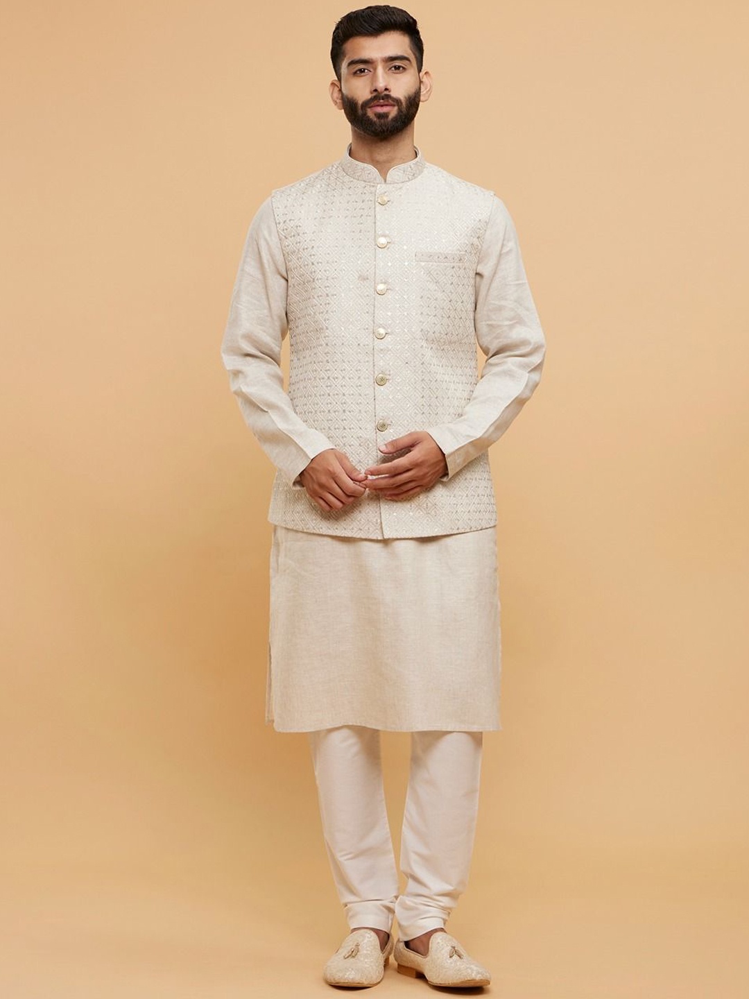 Twamev Mandarin Collar Long Sleeves Regular Straight Kurta With Churidar With Nehru Jacket, Beige
Twamev Mandarin Collar Long Sleeves Regular Straight Kurta With Churidar With Nehru Jacket, Beige