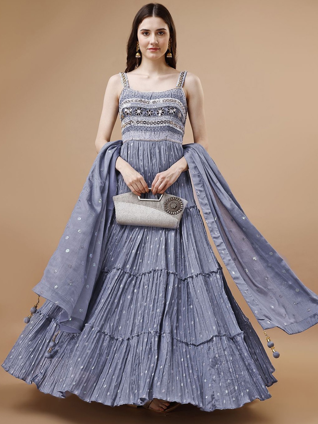 VANAKARA Women Floral Embroidered Shoulder Straps Tiered Gown Ethnic Dresses With Dupatta, Grey
VANAKARA Women Floral Embroidered Shoulder Straps Tiered Gown Ethnic Dresses With Dupatta, Grey