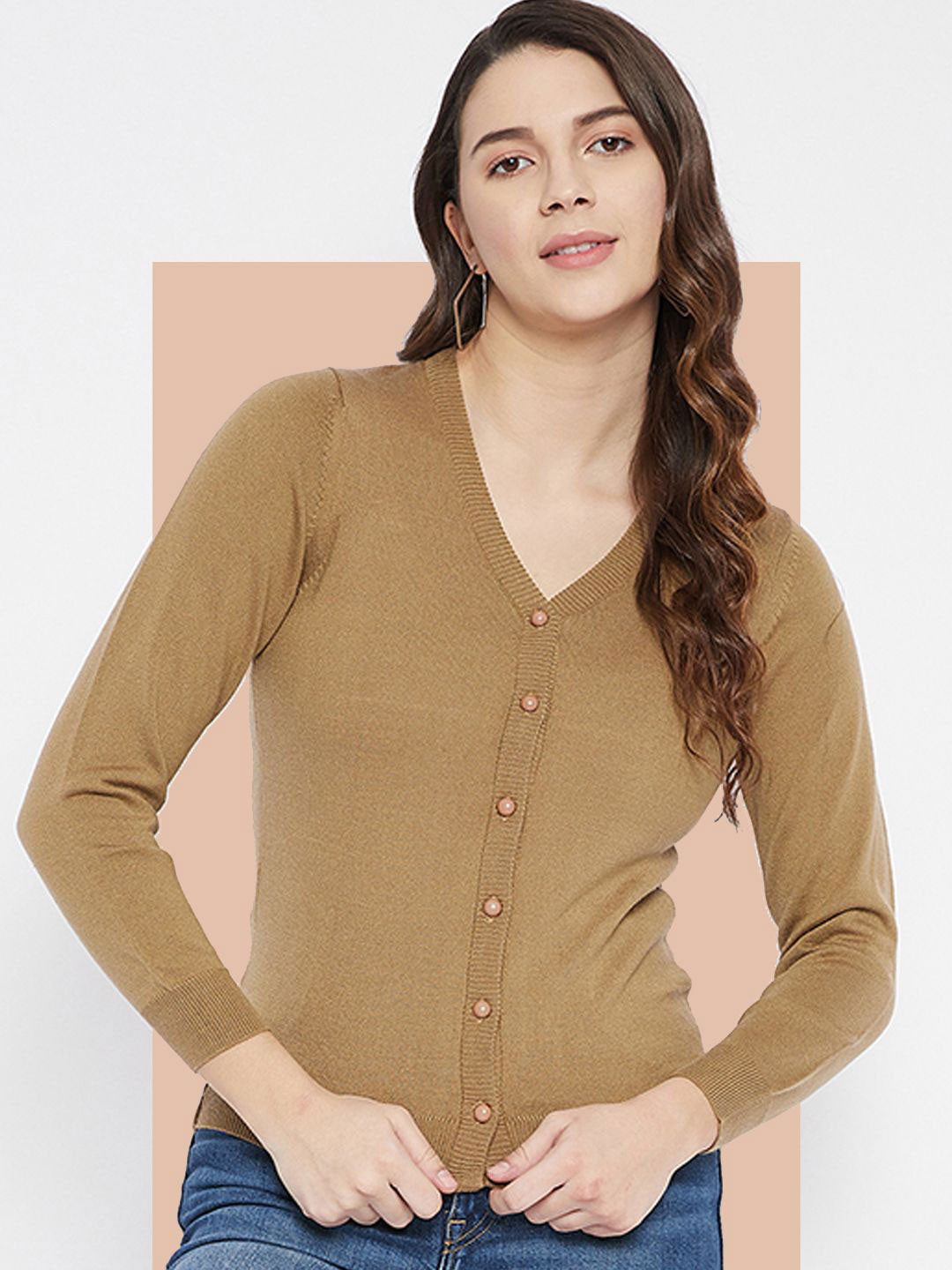 Zigo Women Ribbed V-Neck Woollen Cardigan, Camel brown 
Zigo Women Ribbed V-Neck Woollen Cardigan, Camel brown