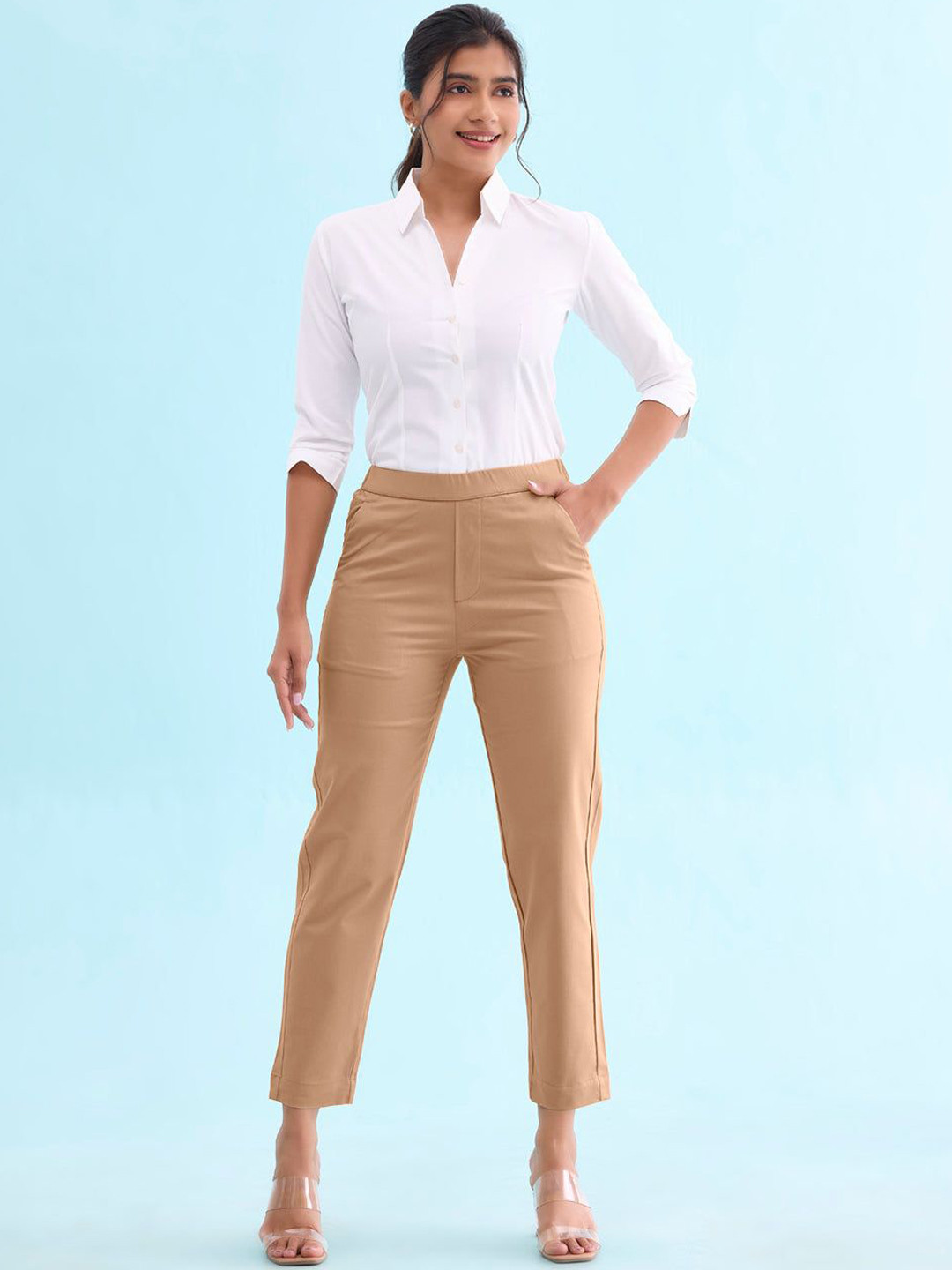 Go Colors Women Tapered Fit Chinos Mid-Rise Trousers, Beige
Go Colors Women Tapered Fit Chinos Mid-Rise Trousers, Beige