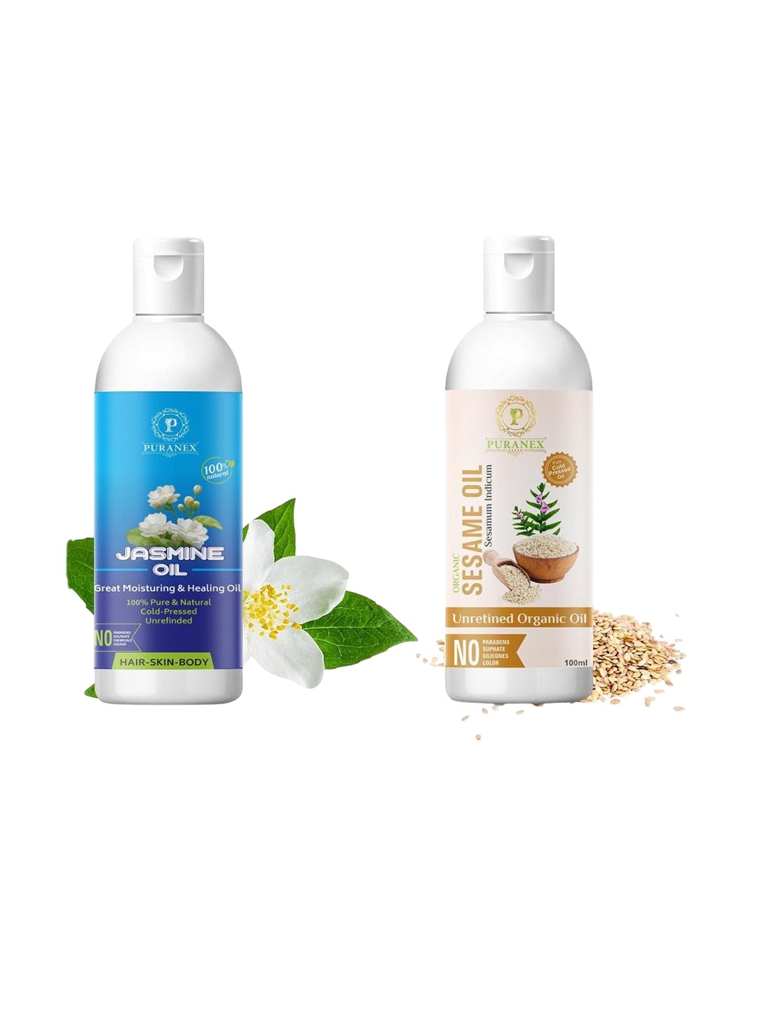 Puranex Set Of 2 100% Natural & Pure Jasmine Oil & Sesame Oil For Skin & Hair- 100 Ml Each, Transparent
Puranex Set Of 2 100% Natural & Pure Jasmine Oil & Sesame Oil For Skin & Hair- 100 Ml Each, Transparent