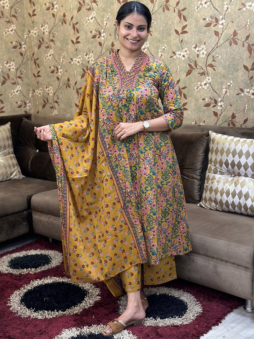 KALINI Women Floral Printed V-Neck Anarkali Kurta With Palazzos & Dupatta, Yellow
KALINI Women Floral Printed V-Neck Anarkali Kurta With Palazzos & Dupatta, Yellow