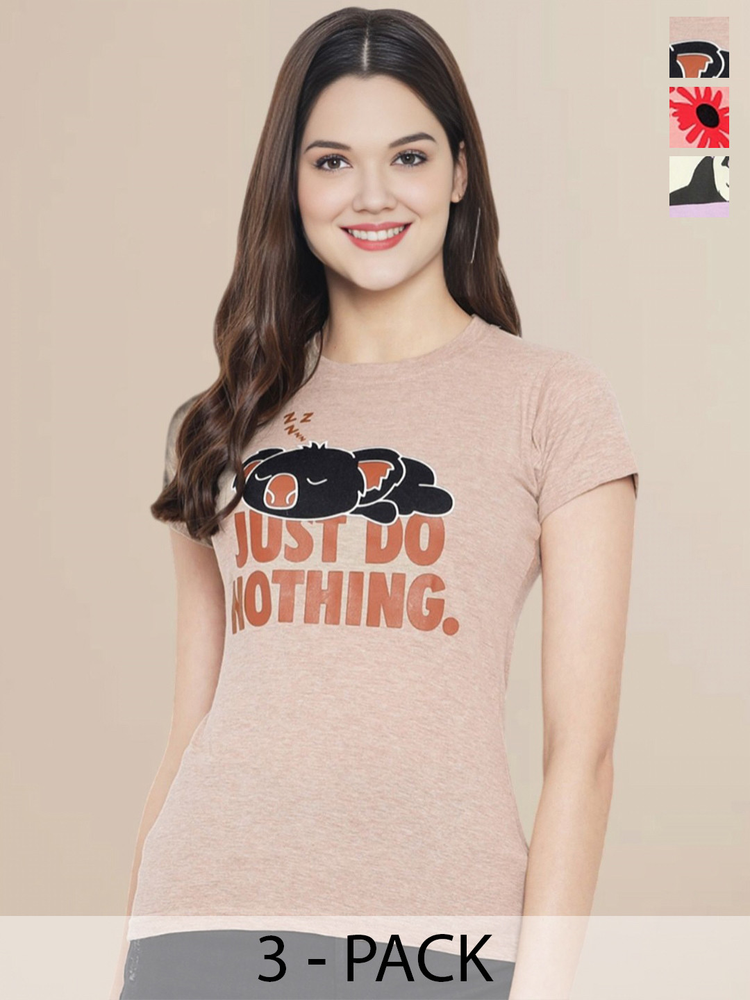 Metronaut Women Pack Of 3 Typography Printed Round Neck Cotton T-shirts, Beige 
Metronaut Women Pack Of 3 Typography Printed Round Neck Cotton T-shirts, Beige