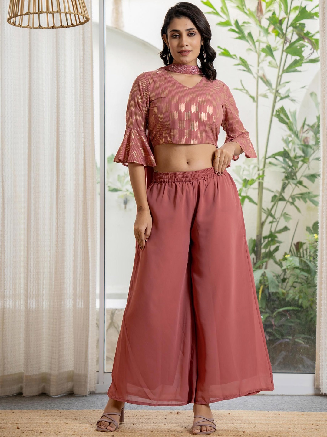 Juniper Women Sequins & Thread Work Georgette Crop Top & Palazzo with Dupatta, Peach
Juniper Women Sequins & Thread Work Georgette Crop Top & Palazzo with Dupatta, Peach