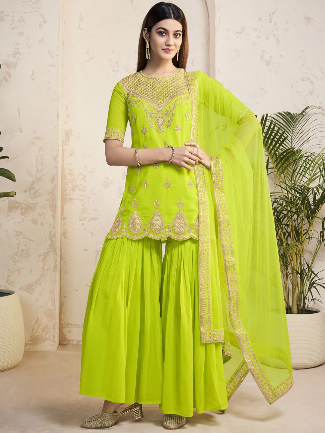 Inddus Women Ethnic Motifs Embroidered Regular Sequinned Kurta with Sharara & With Dupatta, Lime green
Inddus Women Ethnic Motifs Embroidered Regular Sequinned Kurta with Sharara & With Dupatta, Lime green