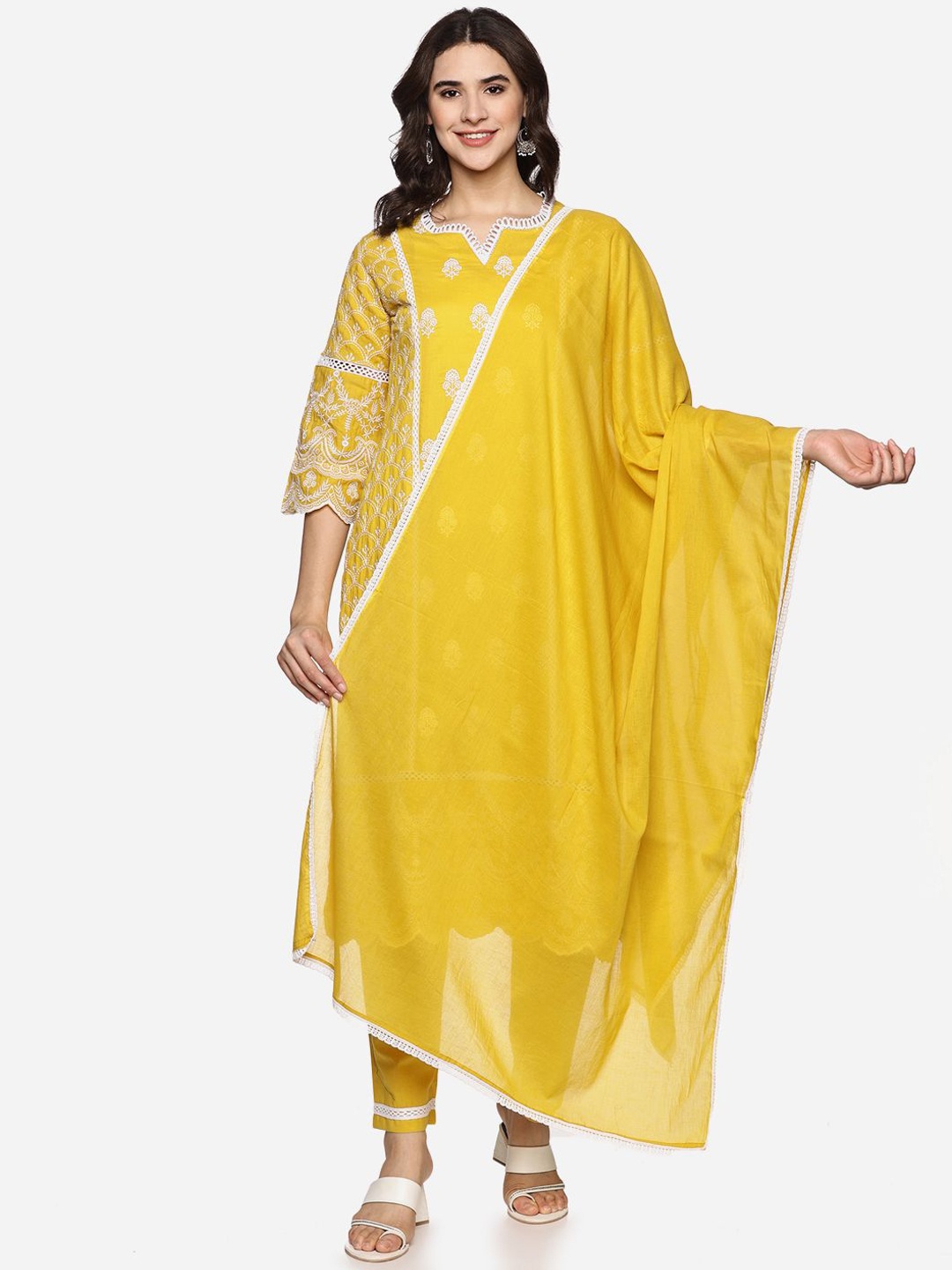 RAJMANDIRFABRICS Women Floral Embroidered Regular Mirror Work Pure Cotton Kurta with Trousers & With Dupatta, Yellow
RAJMANDIRFABRICS Women Floral Embroidered Regular Mirror Work Pure Cotton Kurta with Trousers & With Dupatta, Yellow