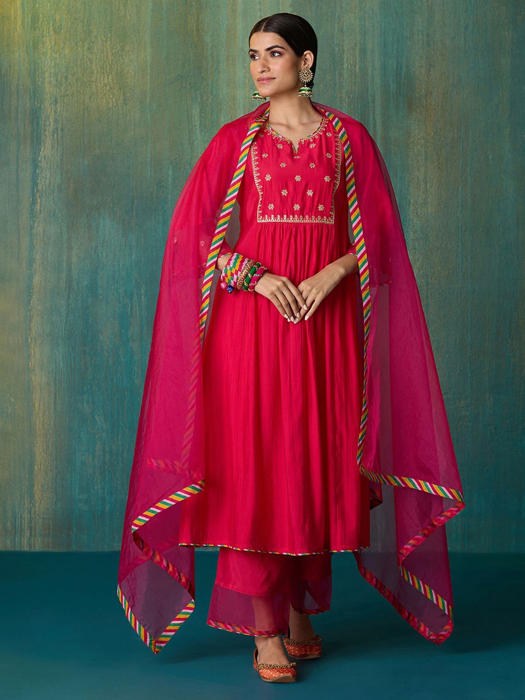 Likha Women Floral Printed Pleated Chanderi Cotton Kurta with Pyjamas & With Dupatta, Red
Likha Women Floral Printed Pleated Chanderi Cotton Kurta with Pyjamas & With Dupatta, Red