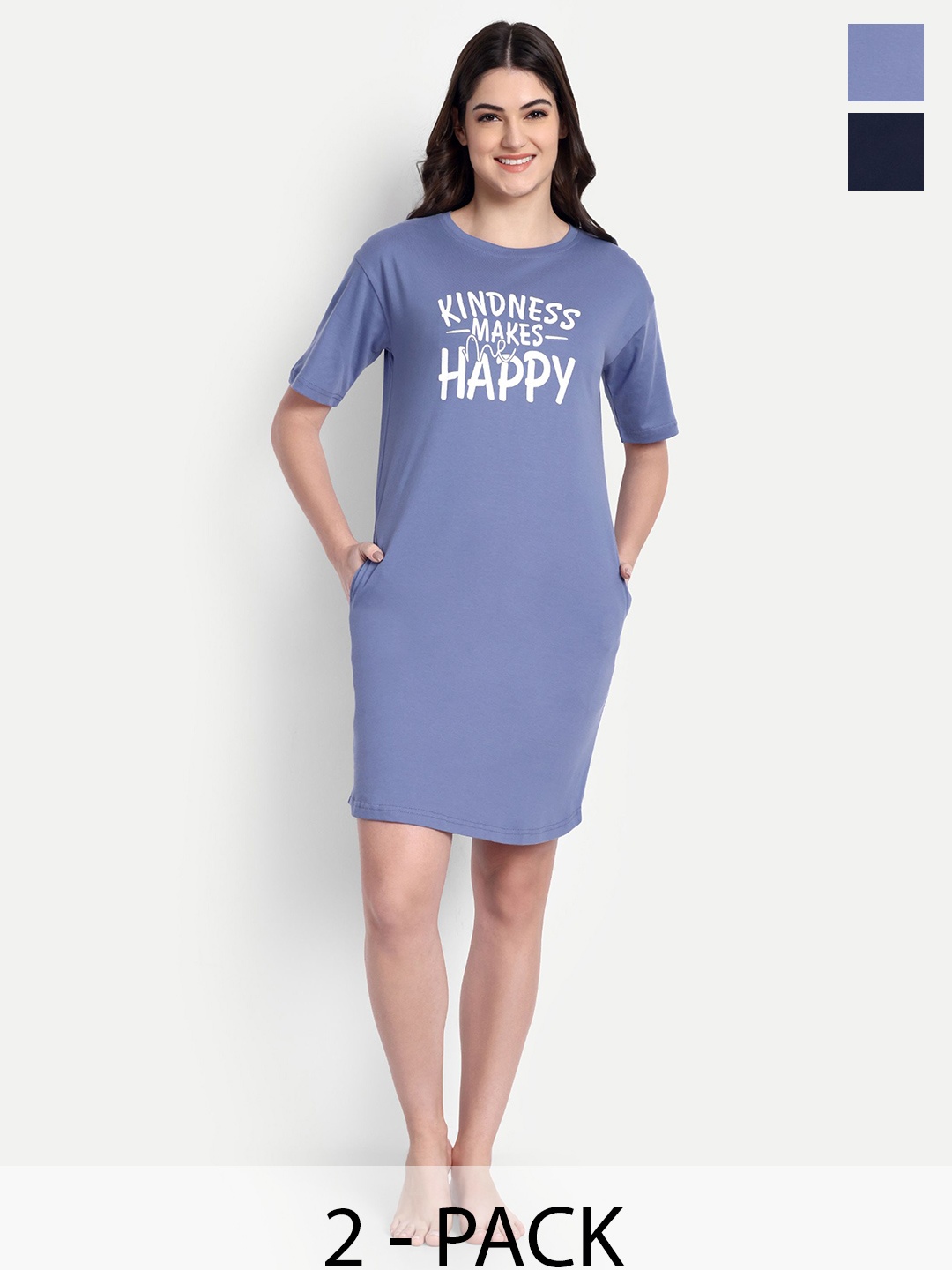 Bedtime story Women Pack Of 2 Printed Pure Cotton Midi T-shirt Nightdress, Navy blue
Bedtime story Women Pack Of 2 Printed Pure Cotton Midi T-shirt Nightdress, Navy blue