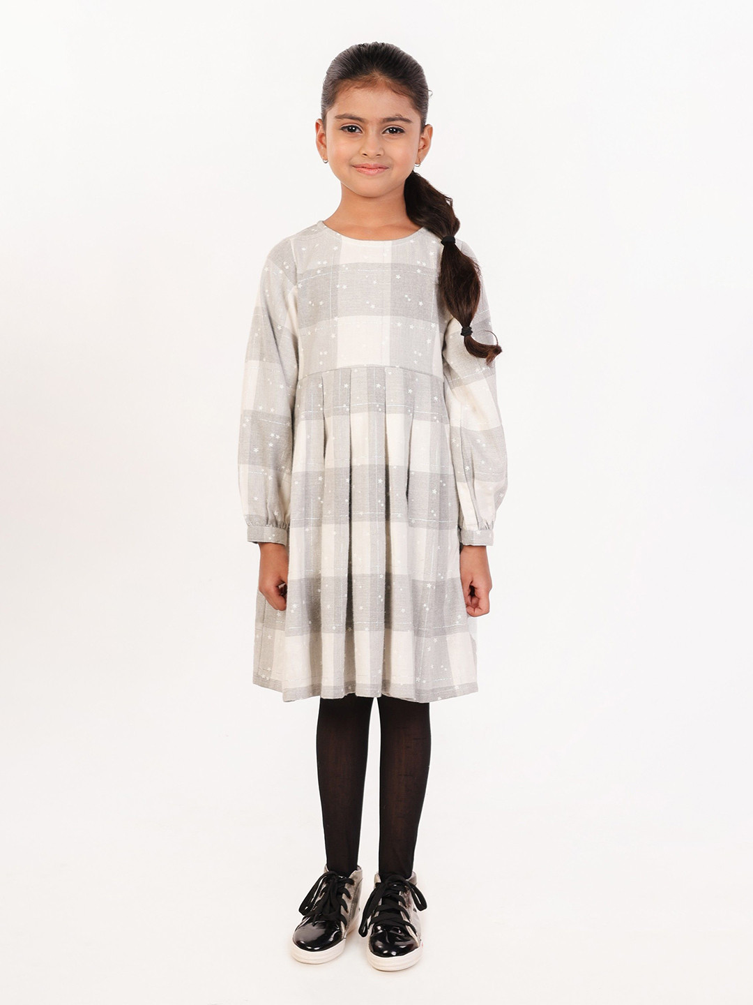 Nature Nook Girls Checked Puff Sleeve A-Line Dress, Off white 
Nature Nook Girls Checked Puff Sleeve A-Line Dress, Off white