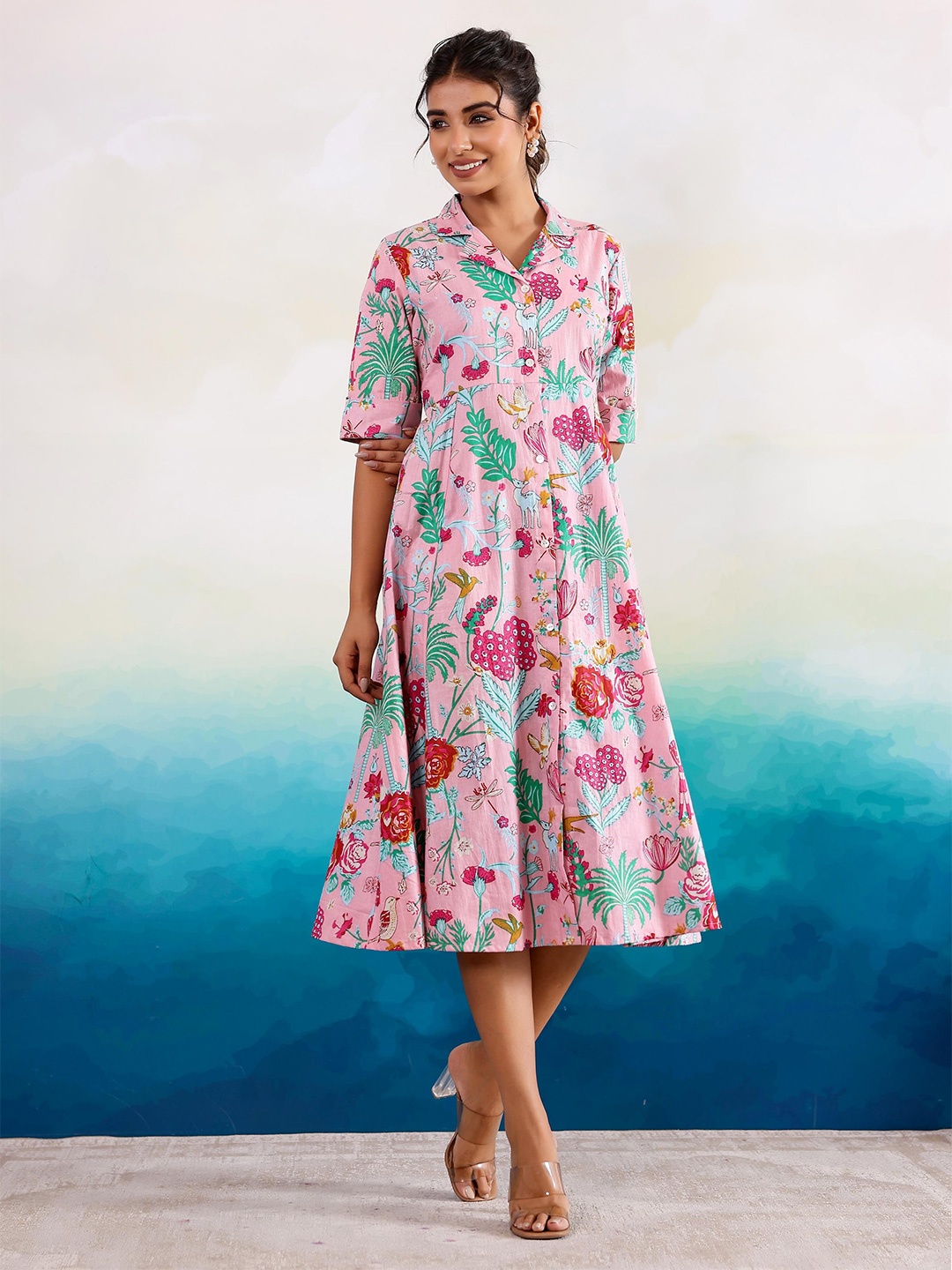 FLAVIA CREATION Cotton Conversational Printed Roll-Up Sleeves Shirt Midi Dress, Pink
FLAVIA CREATION Cotton Conversational Printed Roll-Up Sleeves Shirt Midi Dress, Pink