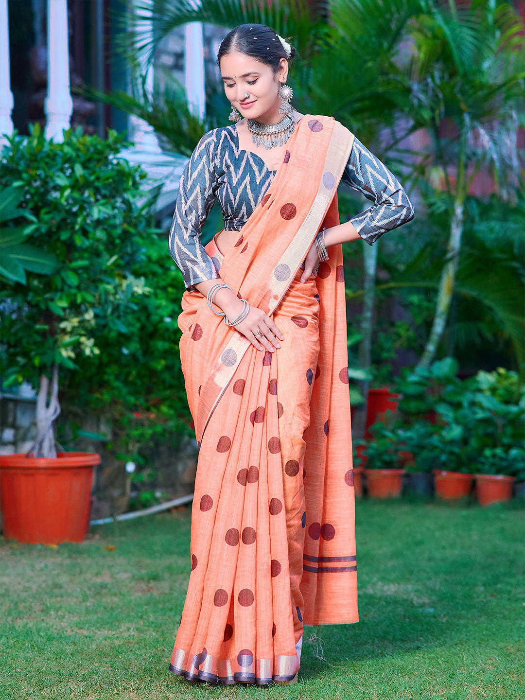 Anouk Polka Dot Printed Saree, Peach 
Anouk Polka Dot Printed Saree, Peach