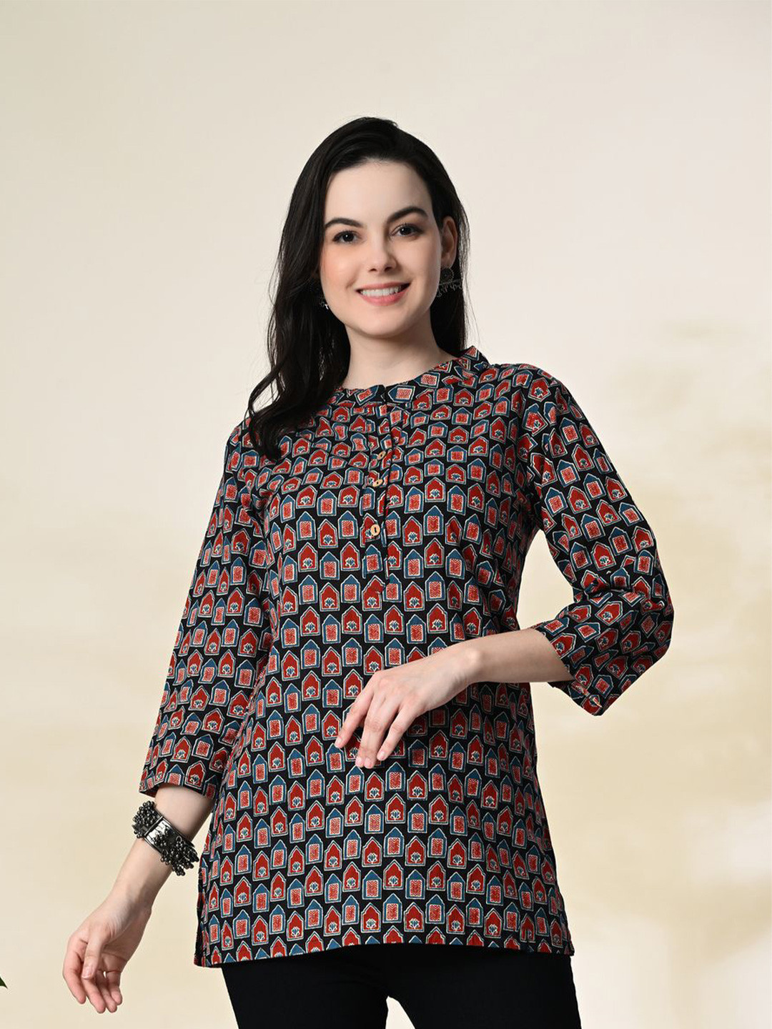 Fabway Clothing Mandarin Collar Printed Tunic, Maroon 
Fabway Clothing Mandarin Collar Printed Tunic, Maroon