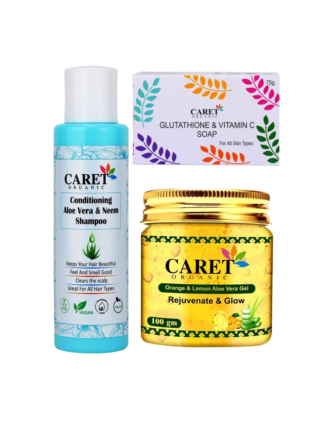 CARET ORGANIC Set of 3 Aloevera Neem Shampoo, Gel & Glutathione Vitamin C Soap, White
CARET ORGANIC Set of 3 Aloevera Neem Shampoo, Gel & Glutathione Vitamin C Soap, White