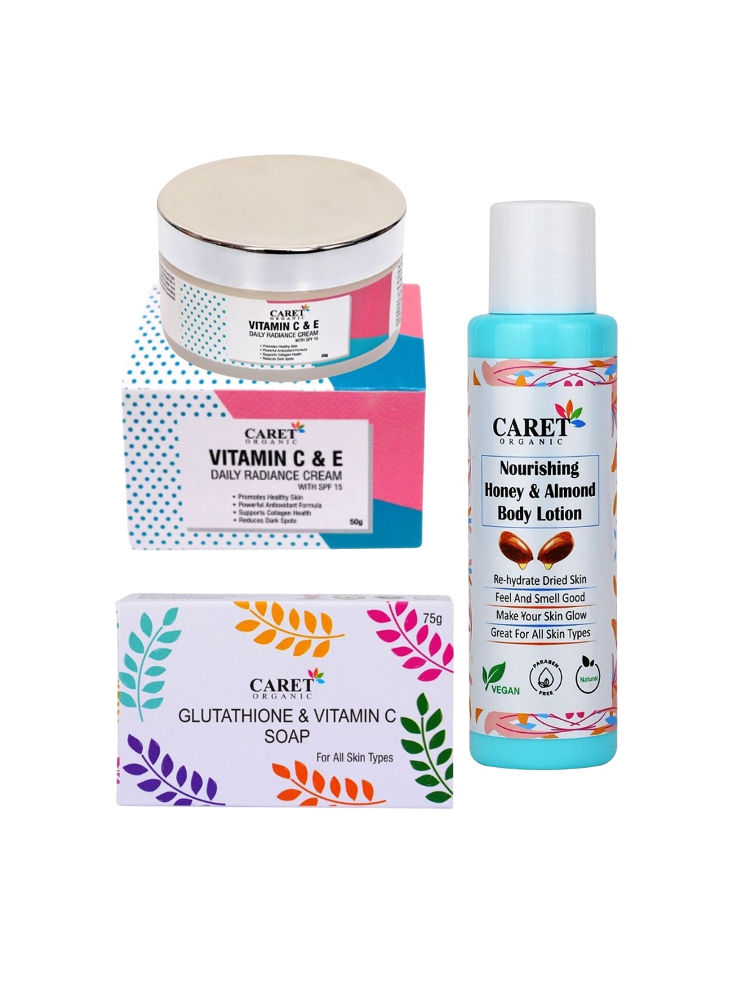 CARET ORGANIC Set Of 3 Vitamin C Radiance Cream Glutathione Soap & Honey Body Lotion, White
CARET ORGANIC Set Of 3 Vitamin C Radiance Cream Glutathione Soap & Honey Body Lotion, White