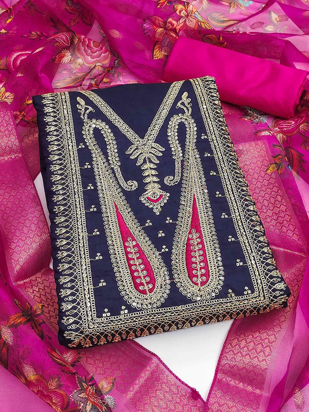 Peachmode Ethnic Motifs Embroidered Sequinned Roman Cotton Silk Unstitched Dress Material, Navy blue
Peachmode Ethnic Motifs Embroidered Sequinned Roman Cotton Silk Unstitched Dress Material, Navy blue