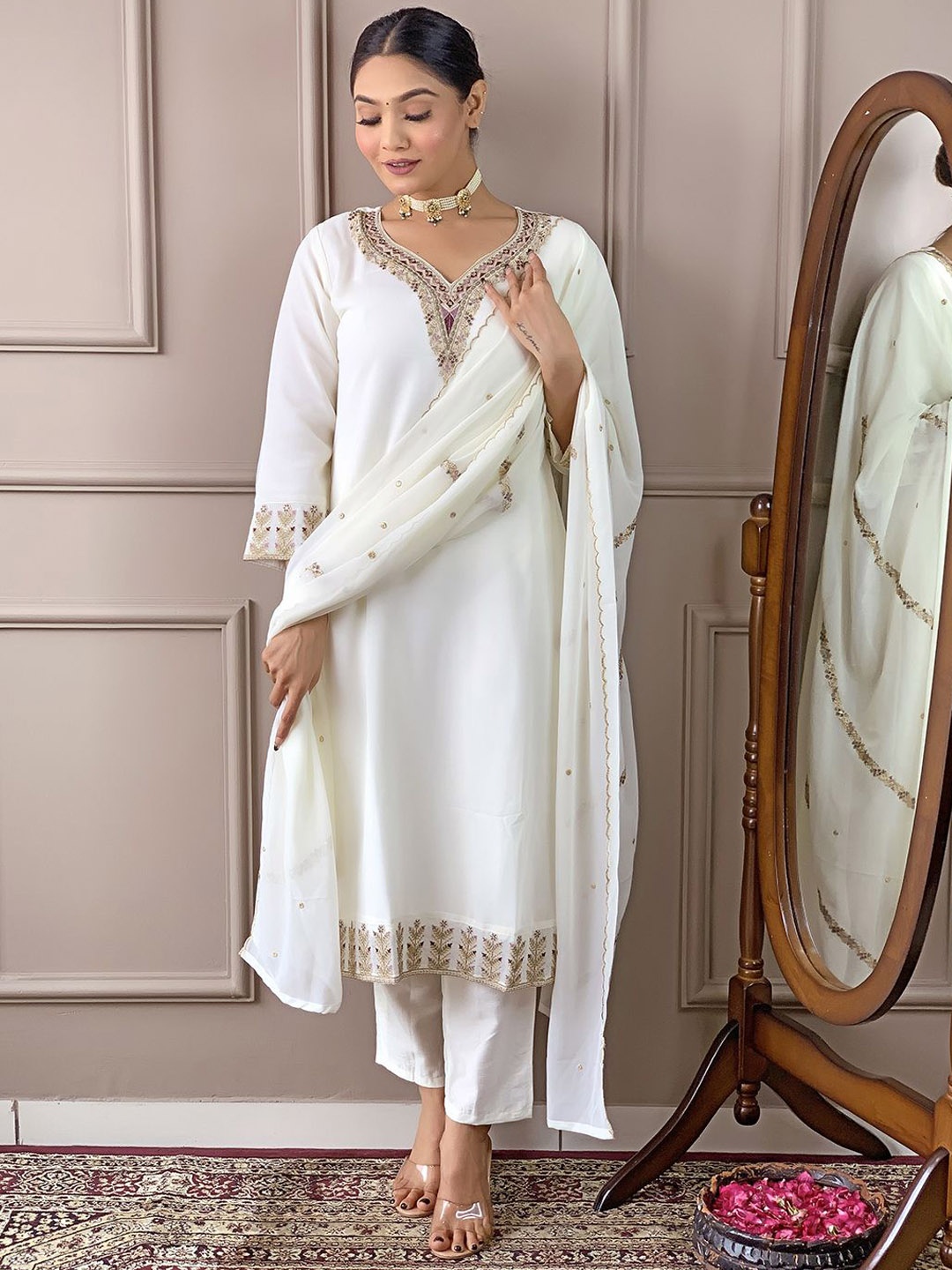 KALINI Ethnic Motifs Embroidered Georgette Straight Kurta With Trouser & Dupatta, Cream
KALINI Ethnic Motifs Embroidered Georgette Straight Kurta With Trouser & Dupatta, Cream