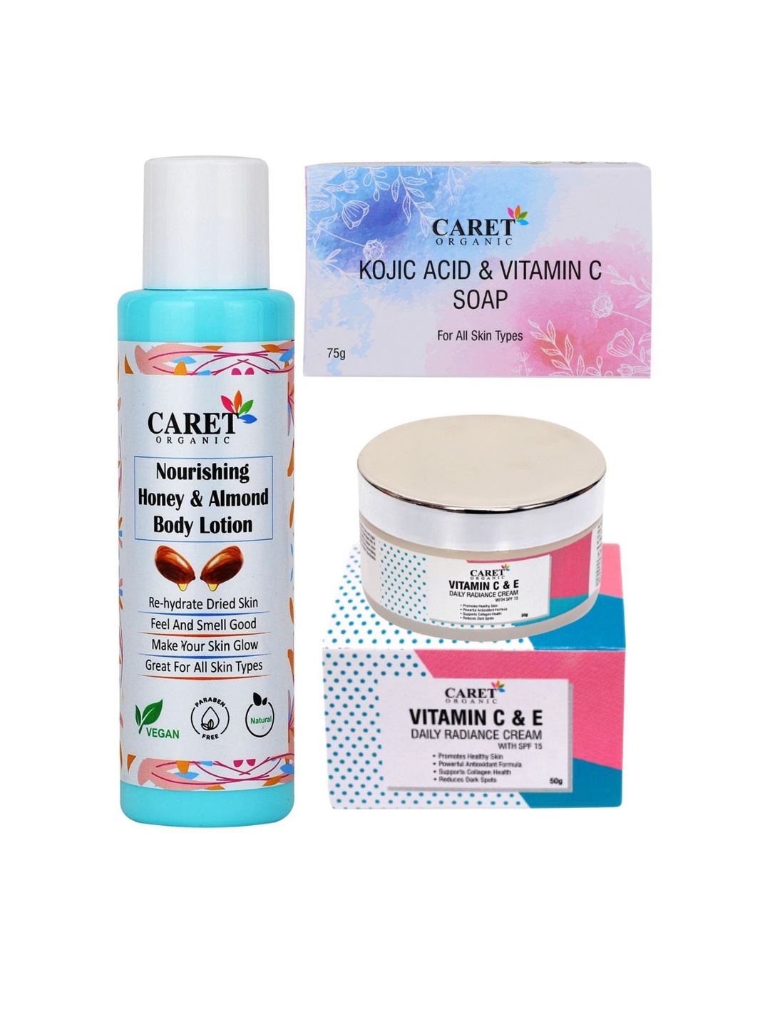 CARET ORGANIC Set Of 3 Body Lotion - 100 ml, Daily Radiance Cream- 75 g & Soap- 50 g, White
CARET ORGANIC Set Of 3 Body Lotion - 100 ml, Daily Radiance Cream- 75 g & Soap- 50 g, White