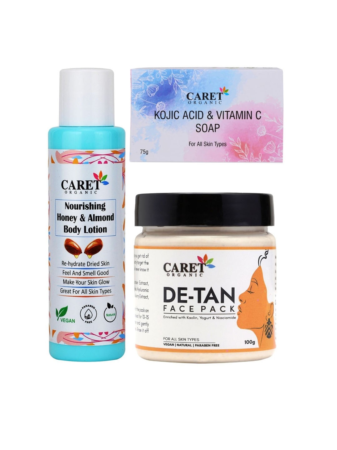 CARET ORGANIC Set of 3 Honey Almond Body Lotion, De-Tan Face Pack & Kojic Acid Soap, White
CARET ORGANIC Set of 3 Honey Almond Body Lotion, De-Tan Face Pack & Kojic Acid Soap, White