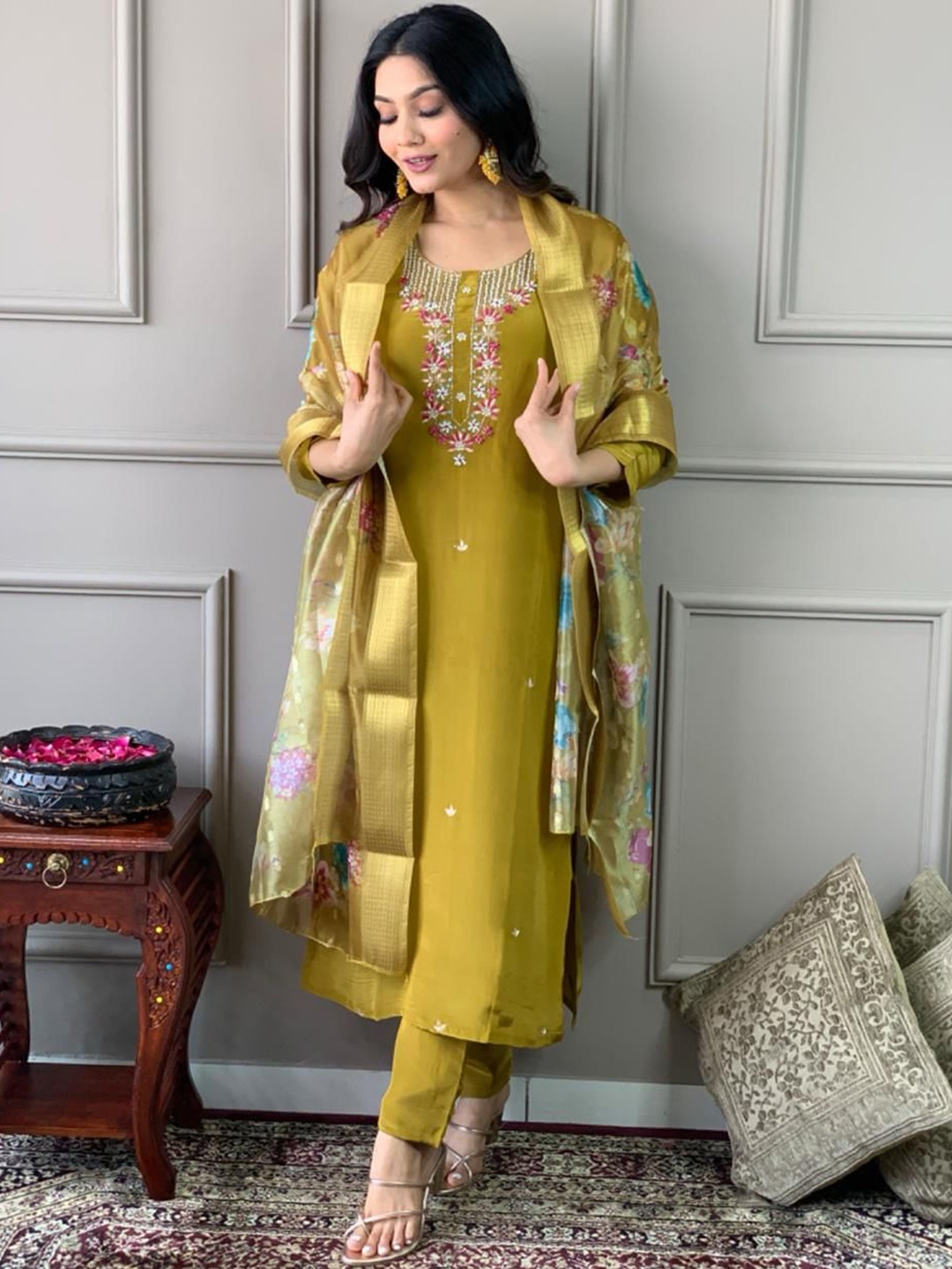 KALINI Floral Embroidered Chanderi Silk Straight Kurta With Trouser & Dupatta, Mustard
KALINI Floral Embroidered Chanderi Silk Straight Kurta With Trouser & Dupatta, Mustard