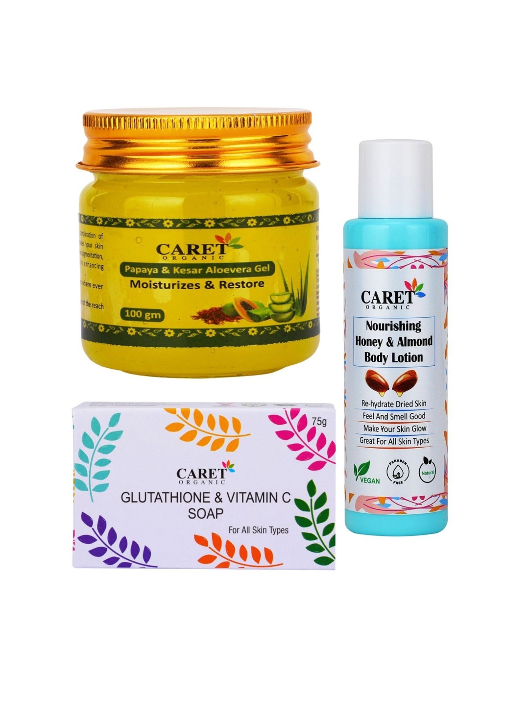 CARET ORGANIC 3 Pieces Aloevera Gel & Soap & Body Lotion-100g & 75g & 100ml, White
CARET ORGANIC 3 Pieces Aloevera Gel & Soap & Body Lotion-100g & 75g & 100ml, White