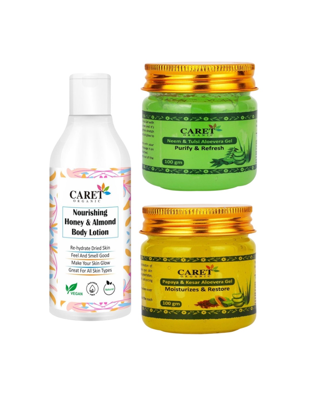 CARET ORGANIC Set of 3 Body Lotion, Tulsi Aloevera Gel & Papaya Kesar Aloevera Gel, White
CARET ORGANIC Set of 3 Body Lotion, Tulsi Aloevera Gel & Papaya Kesar Aloevera Gel, White