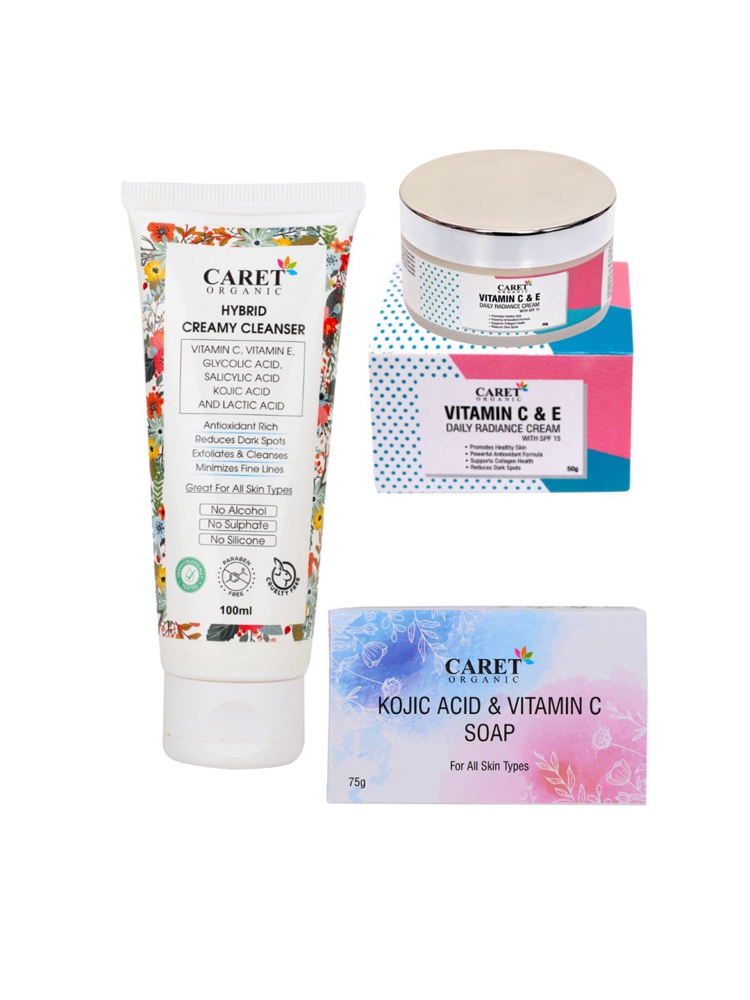 CARET ORGANIC Set Of 3 Cleanser Face Wash With Kojic Acid Soap & Vitamin C Radiance Cream, White
CARET ORGANIC Set Of 3 Cleanser Face Wash With Kojic Acid Soap & Vitamin C Radiance Cream, White