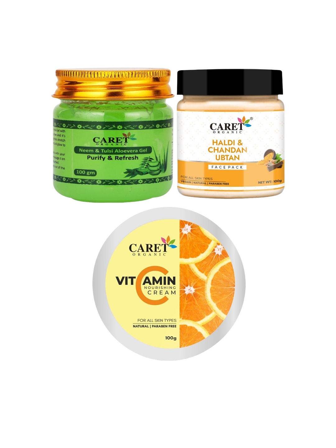 CARET ORGANIC Set Of 3 Tulsi Aloevera Gel, Ubtan Face Pack & Nourishing Cream - 100 g Each, White
CARET ORGANIC Set Of 3 Tulsi Aloevera Gel, Ubtan Face Pack & Nourishing Cream - 100 g Each, White