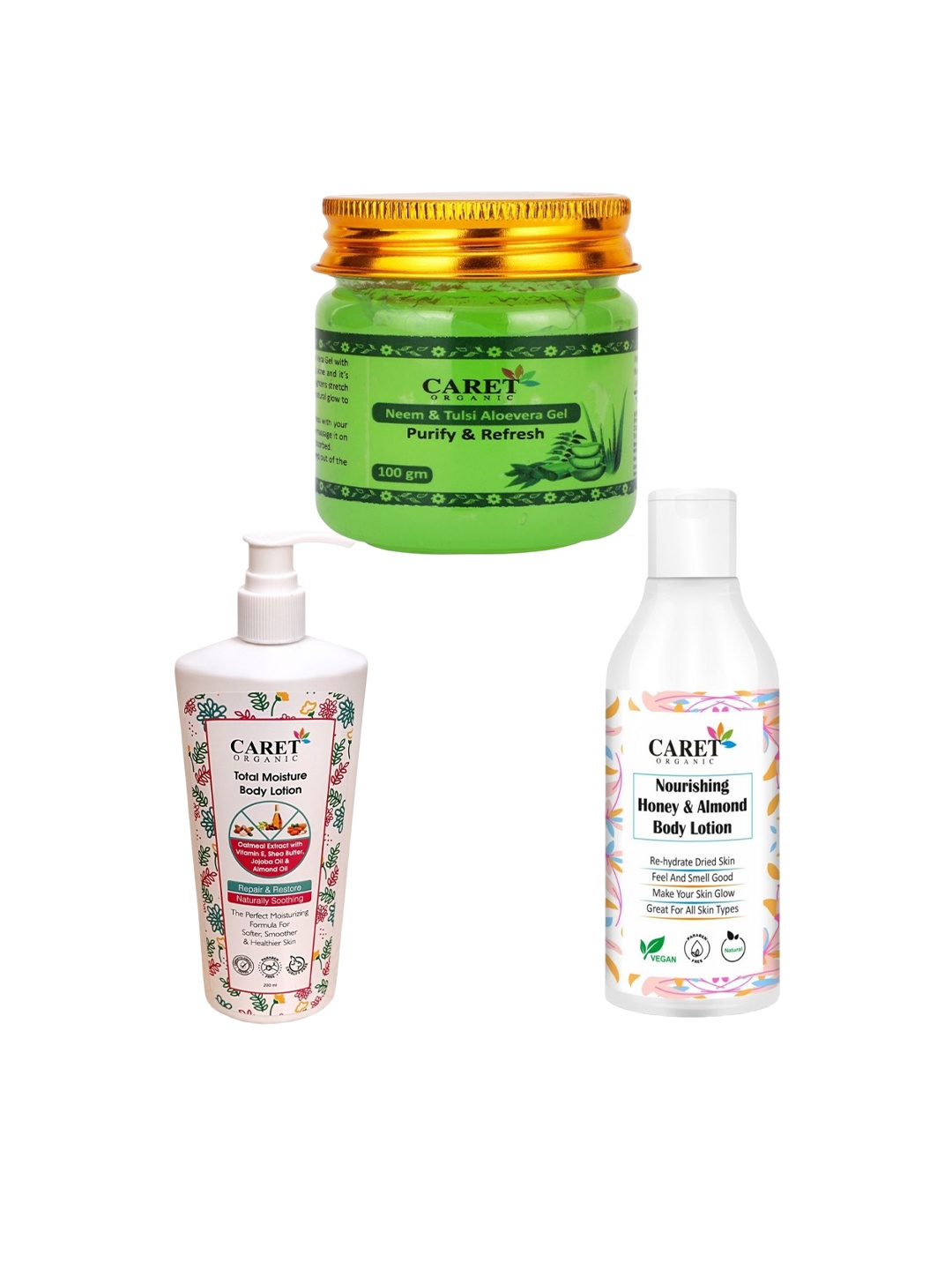 CARET ORGANIC Set Of 3 Honey & Almond Body Lotion, Total Moisturise Lotion & Aloe Vera Gel, White
CARET ORGANIC Set Of 3 Honey & Almond Body Lotion, Total Moisturise Lotion & Aloe Vera Gel, White